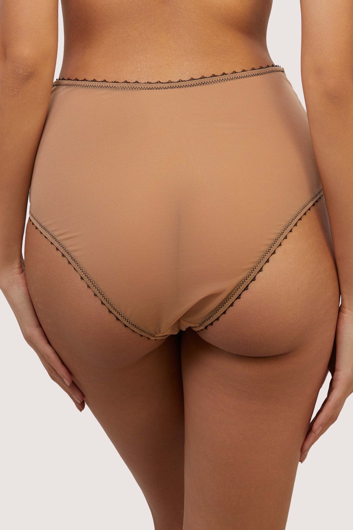 Model shows nude mesh full brief back