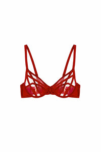 Ramona Ruby Red Strap Detail Illusion Sheer Plunge Bra