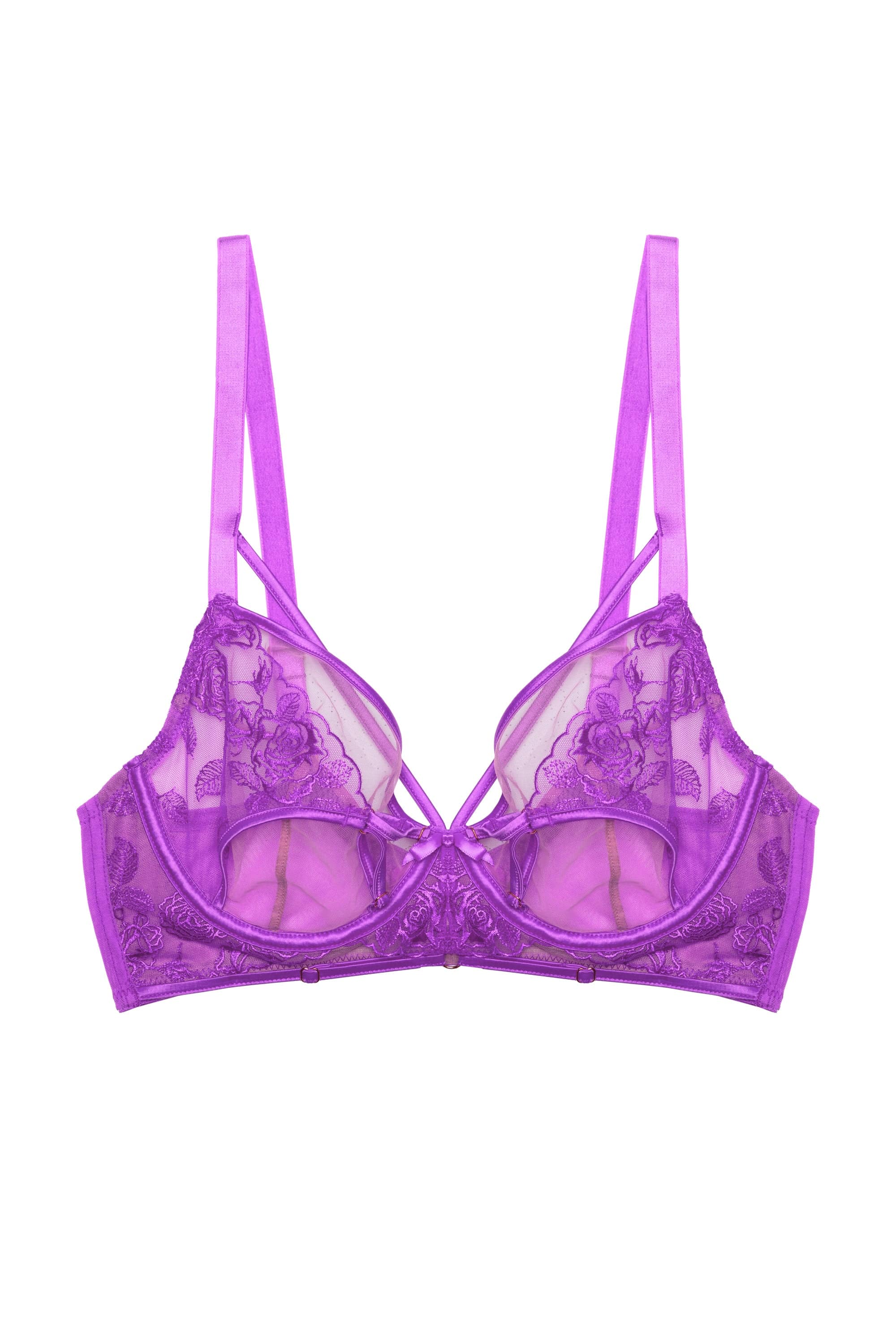 Purple lace longline DD+ plunge bra with harness straps