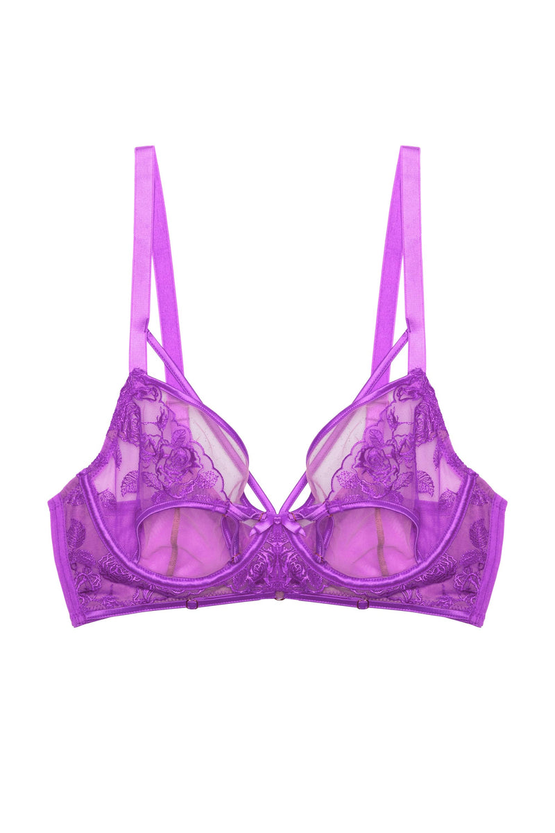 Purple lace longline DD+ plunge bra with harness straps