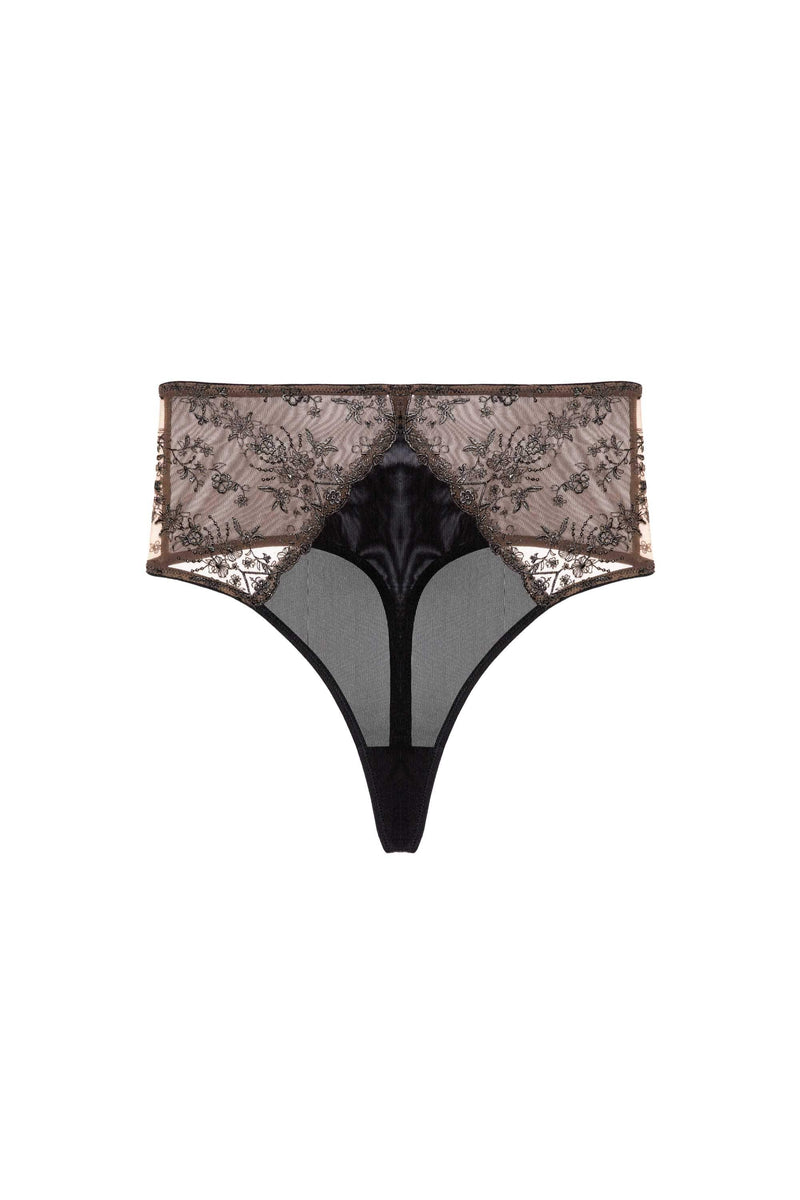 Cassia Black Custom Embroidery High Waisted Thong