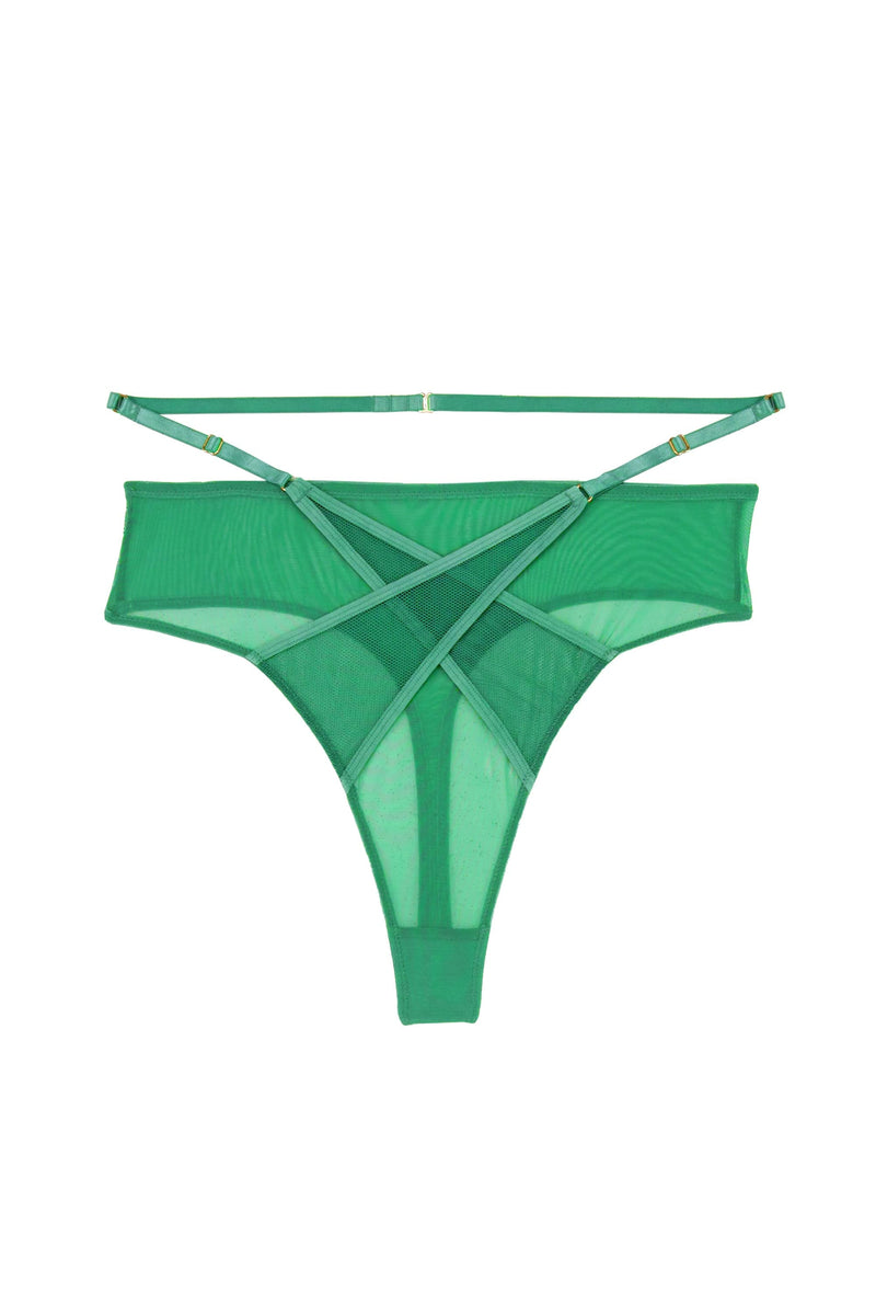 High waisted green mesh thong with crossover straps