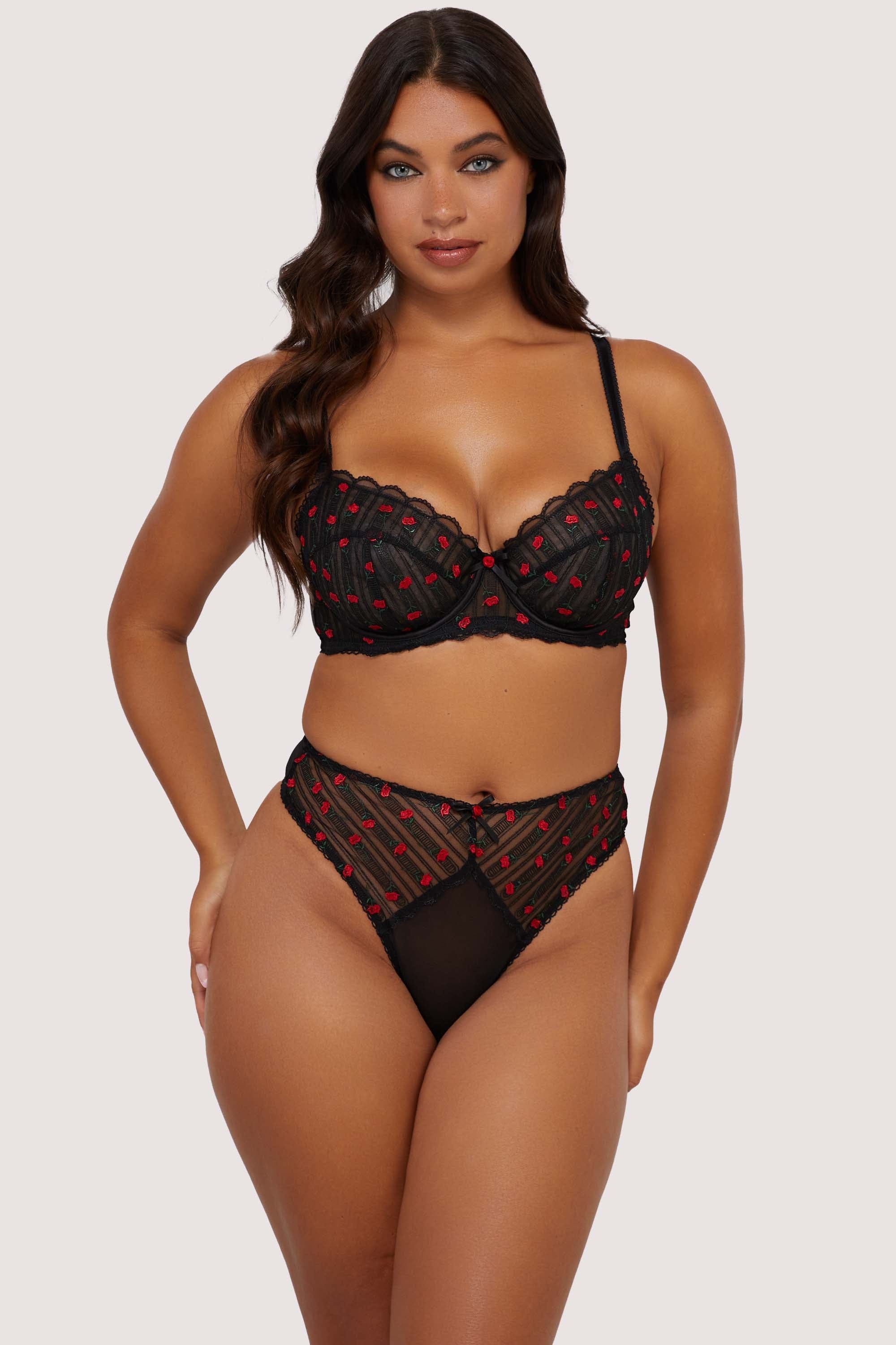 Elodie Black and Red Rosebud Embroidery High Waist Thong