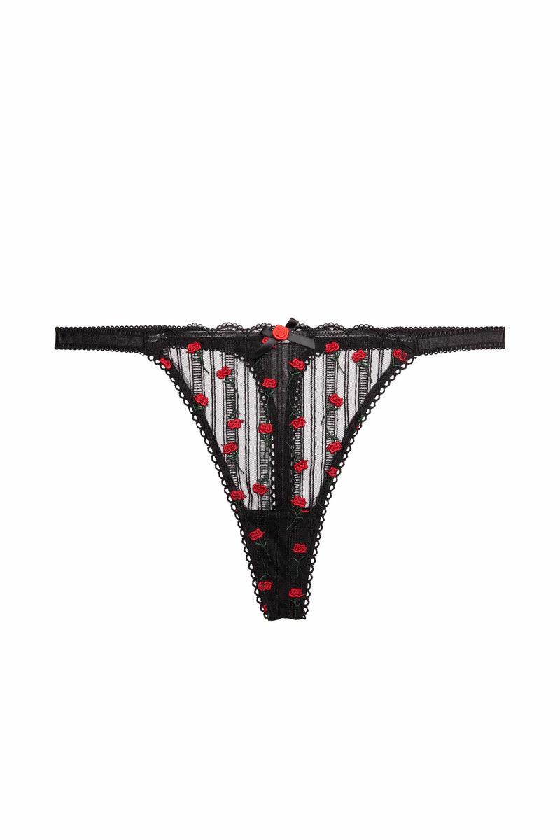 Elodie Black and Red Rosebud Embroidery Thong