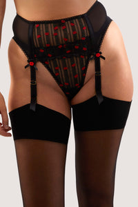 Elodie Black and Red Rosebud Embroidery Suspender Belt