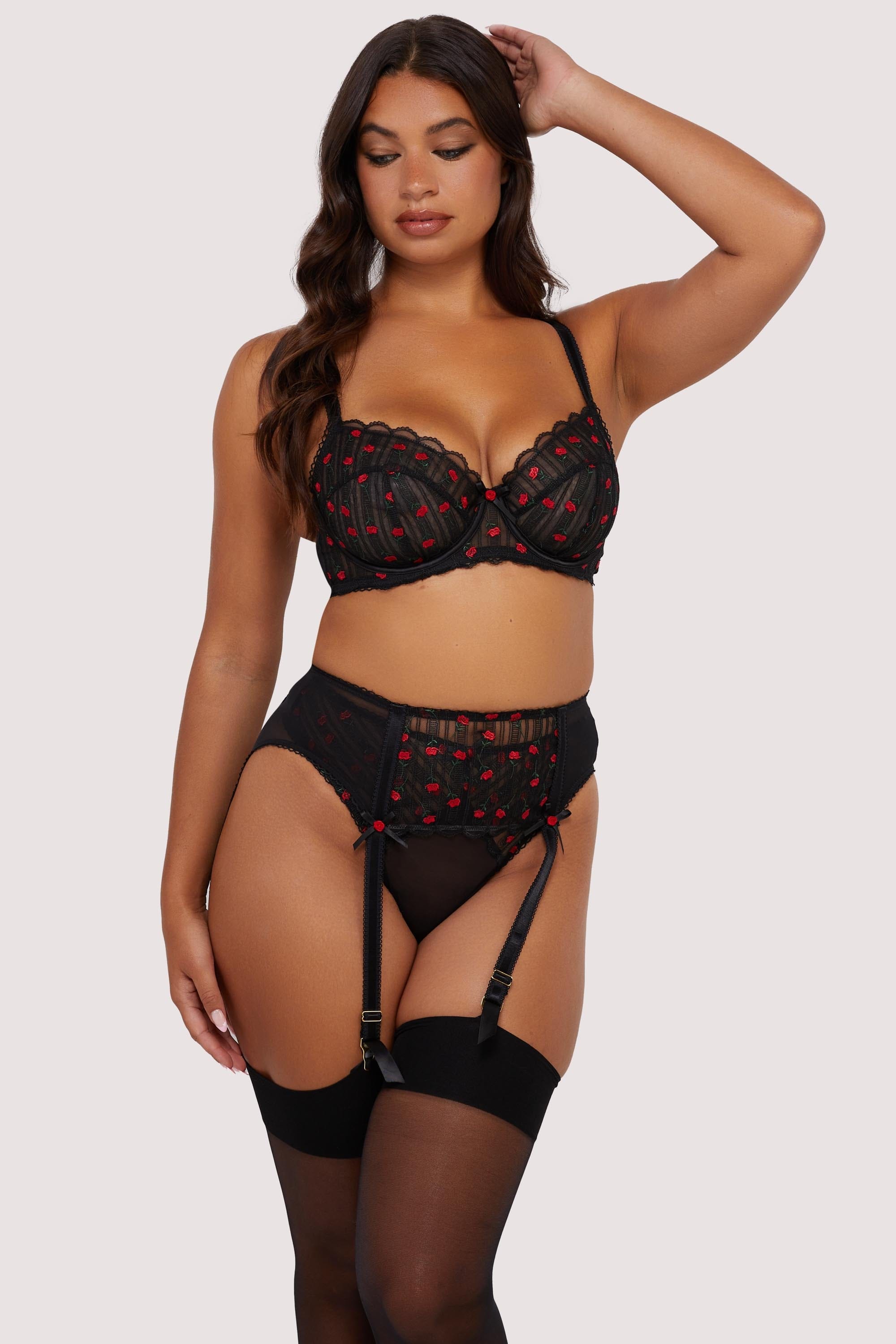 Elodie Black and Red Rosebud Embroidery Suspender Belt