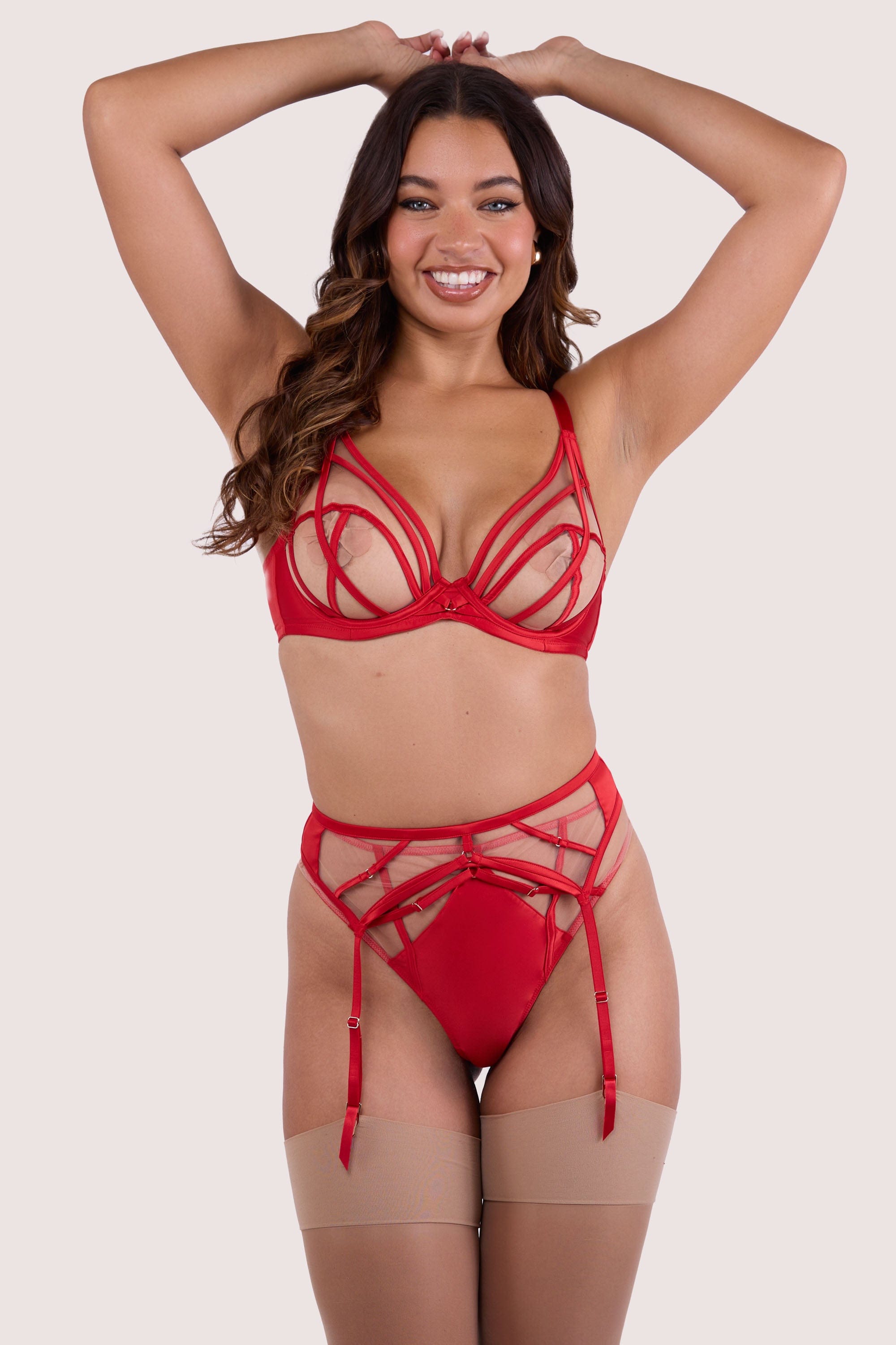 Ramona Ruby Red Strap Detail Illusion Mesh Suspender