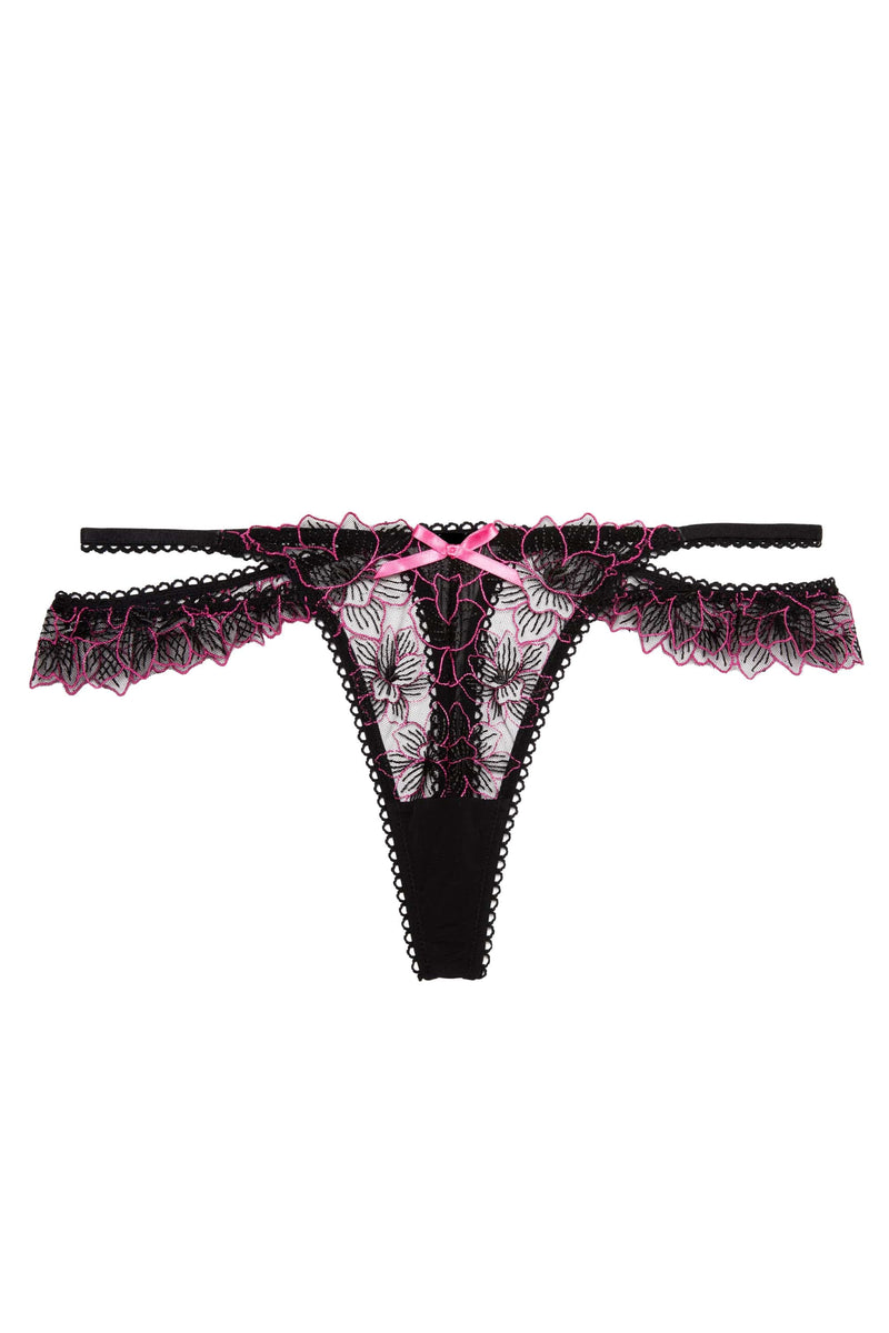 Eliza Black And Hot Pink Floral Embroidered Thong – Playful Promises