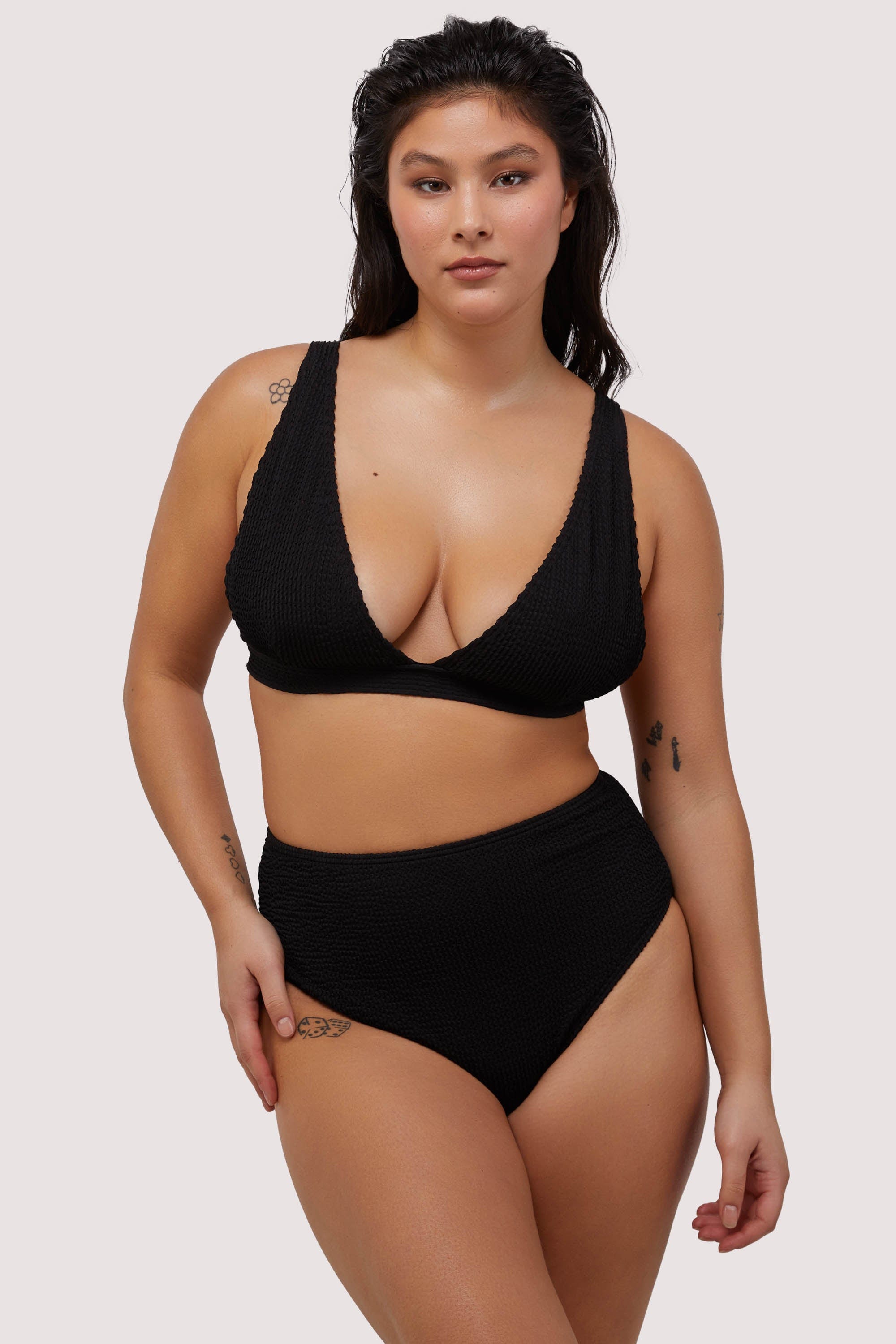 Black Textured Non Wired Plunge Bikini Top Fuller Bust Exclusive – Playful  Promises