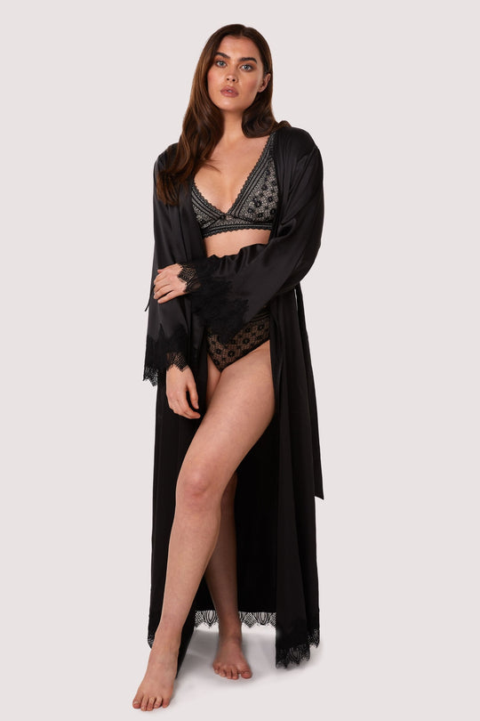 Enyo Black Applique Lace & Satin Robe