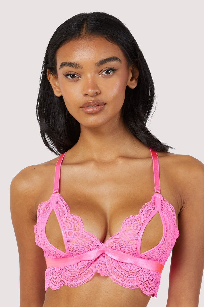 Sensual pink lace long bra by luxury brand Lingerie Me.